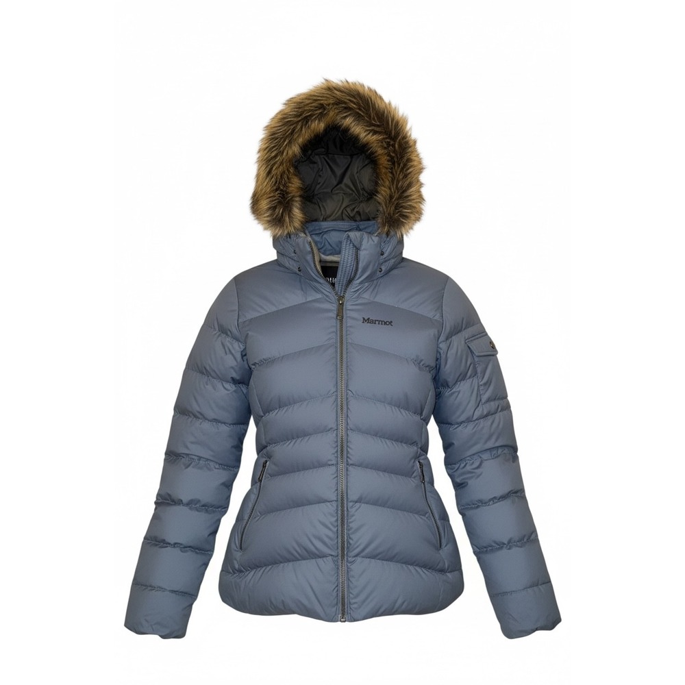Marmot Montreal Puffer Jacket Womens Medium Steel Blue 700 Fill Down Fur Hood